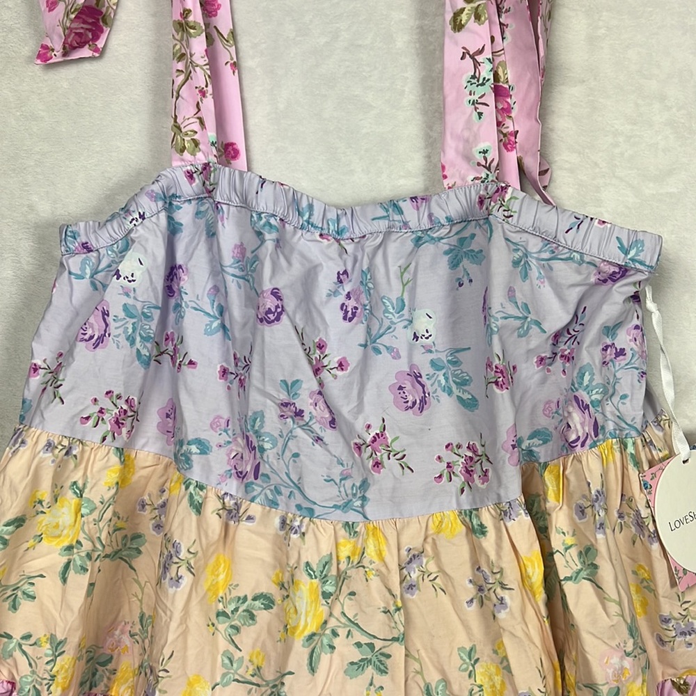 LoveShackFancy Pastel Floral Tiered Mini Dress in Lavender, Pink, Yellow - Picture 5 of 13